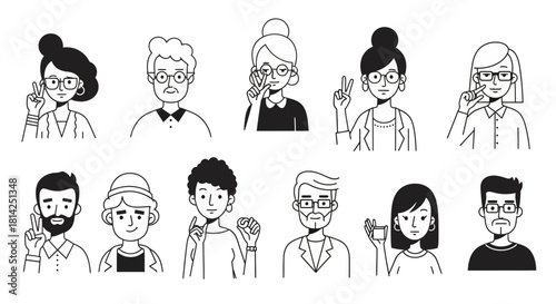 Line Art Portraits Diverse People Smiling and Waving Illustration