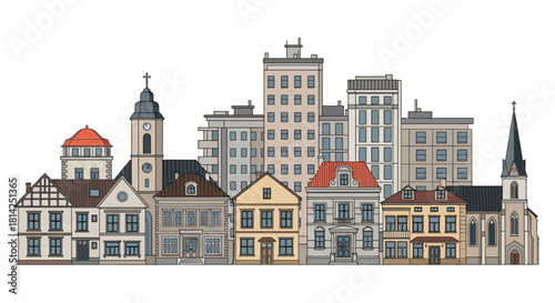 Serene Cityscape Illustration with Architectural Variety and Subtle Color Palette