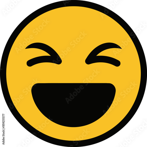 Laughing yellow emoji face with closed eyes and wide open mouth Vector