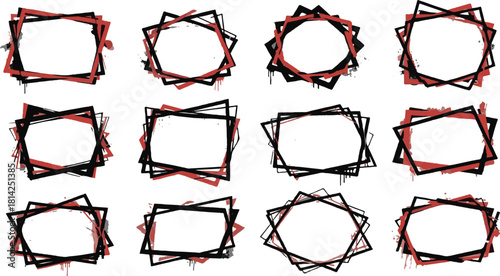 Set of twelve abstract grunge frames with red and black brush strokes.