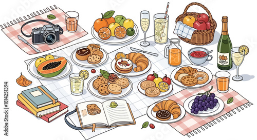 Colorful Picnic Scene Illustration with Food, Drinks, and Camera