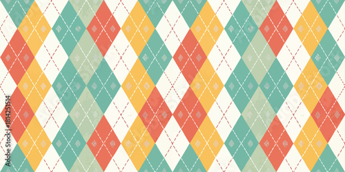 Colorful diamond pattern featuring teal, orange, yellow, and cream hues.