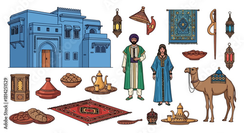Set of Moroccan elements architecture, people, food, and decorations