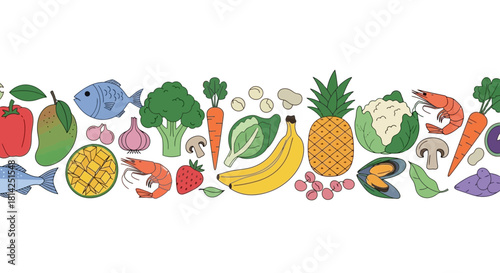 Colorful Array of Healthy Foods Seamless Vector Border