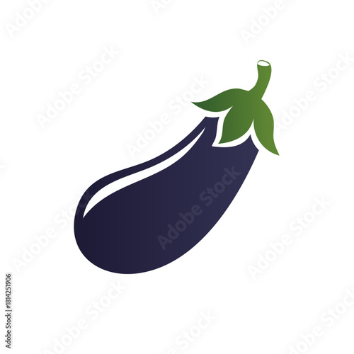 Vibrant purple eggplant vegetable illustration with green stem and stylized leaves