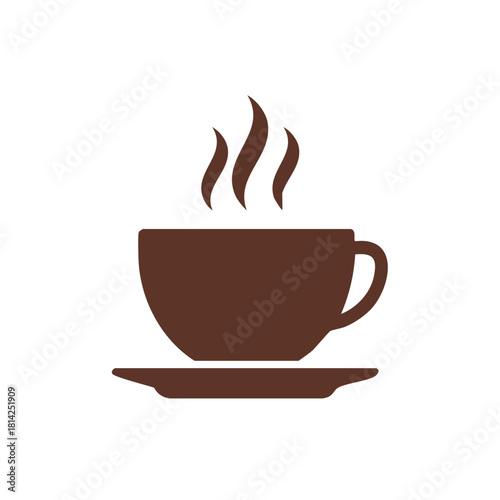 Steaming coffee cup and saucer illustration in brown color