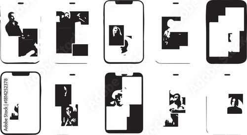 Abstract Minimalist Black and White Geometric UI Design Layouts on Smartphone Mockups isolated PNG with Transparent Background