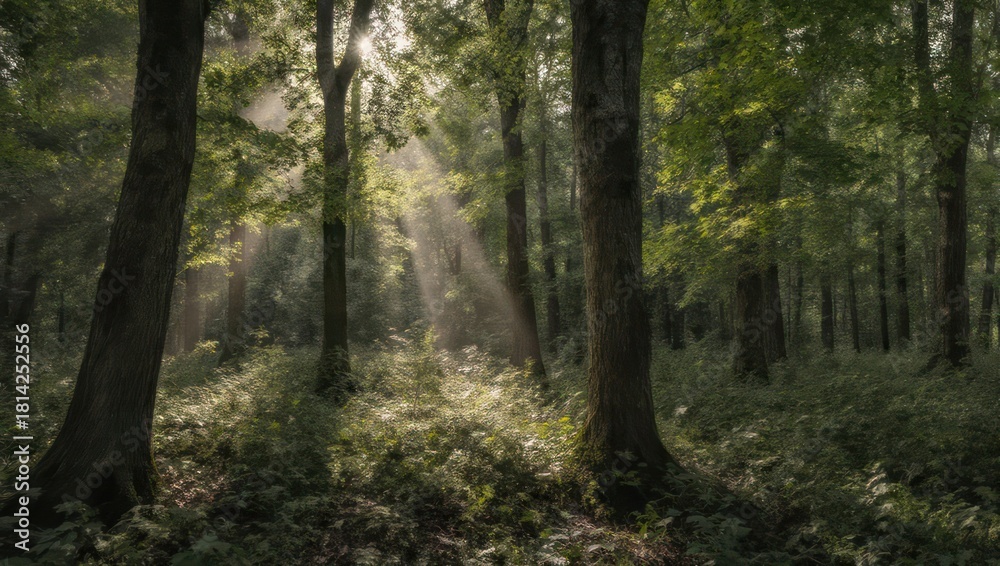 Obraz premium Sunlight streams through the trees in a lush forest, creating a serene atmosphere.