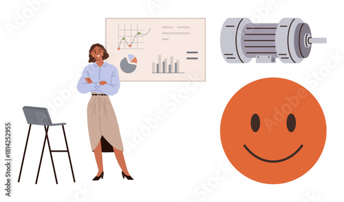Confident woman near a presentation board with graphs, industrial motor, and happy face. Ideal for business, teamwork, innovation, industry, efficiency strategy communication. Simple flat metaphor