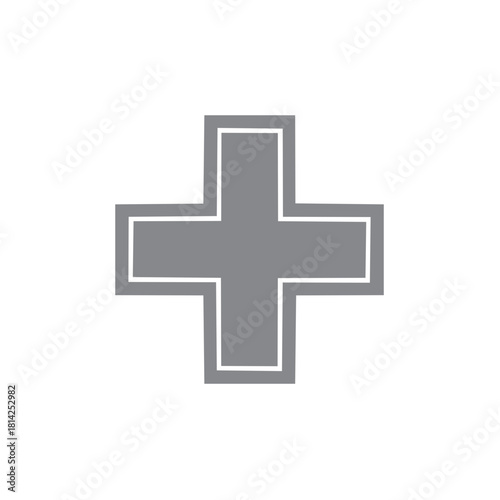Simple cross symbol, outlined health icon, gray medical sign, care or aid logo.