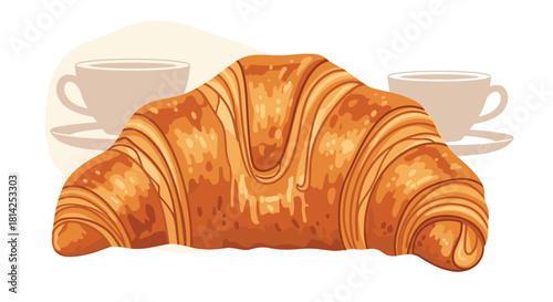 A close-up illustration of a golden brown croissant with two cups of coffee in the background.