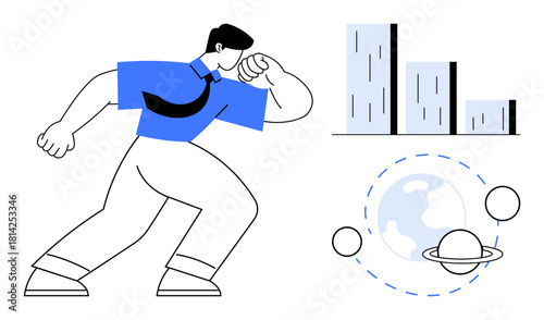Confident man in business attire posing near a bar chart and orbiting planets. Ideal for analytics, success, strategy, innovation, progress, exploration, leadership. Simple flat metaphor