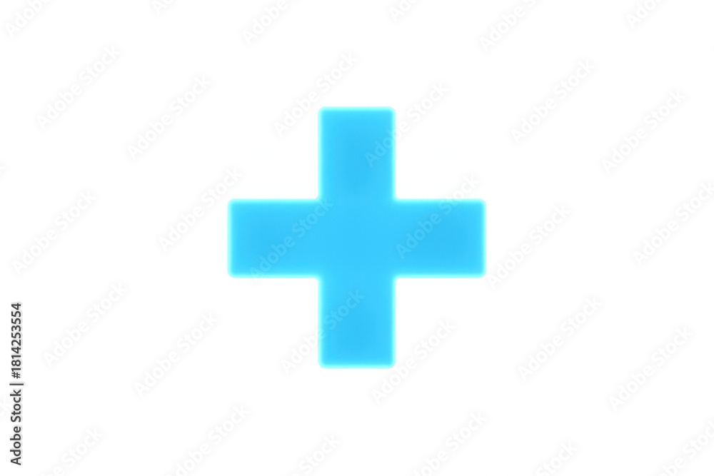 Obraz premium Blue neon plus sign sign delivering concepts of addition, growth, new, and medical on a transparent background