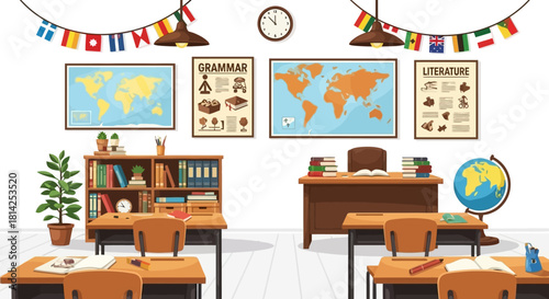 Inviting Classroom with World Maps and Books Ready for Learning