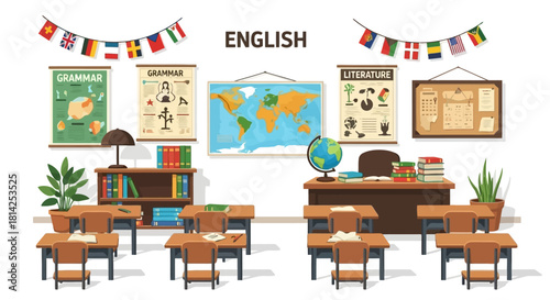 Cozy English Classroom with Desks, Maps, and Educational Posters for Language Learning