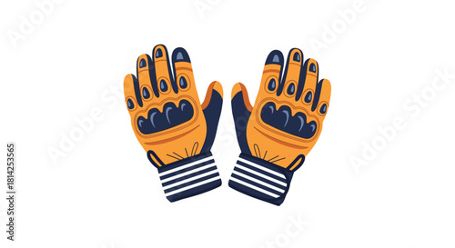 Pair of orange motorcycle racing gloves with blue accents and striped cuffs.