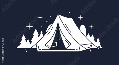 Illustration of a white tent set up in a forest at night under a starry sky.