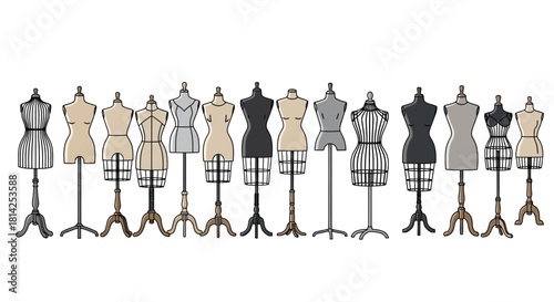 Elegant Row of Dress Forms A Tailor's Ensemble Illustration