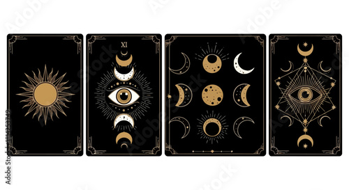 Mystic Tarot Card Back Designs Celestial Symbols and Cosmic Motifs on Dark Background