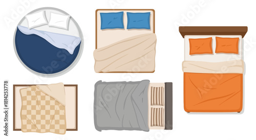 Variety of Bed Designs Top View Illustrations for Interior Design