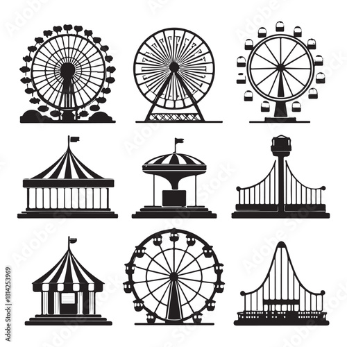 Carnival ride silhouette vector liner art black color design set and solid white background (3).eps