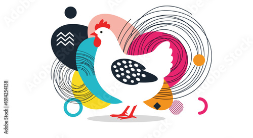 Stylized white chicken illustration with colorful abstract shapes and patterns on a white background.