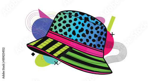 Retro bucket hat with abstract geometric shapes and patterns in vibrant colors.