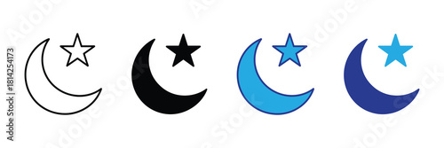 Set of four crescent moon and star icons, including outline, solid black, light blue, and dark blue variations, isolated on white background isolated on white background