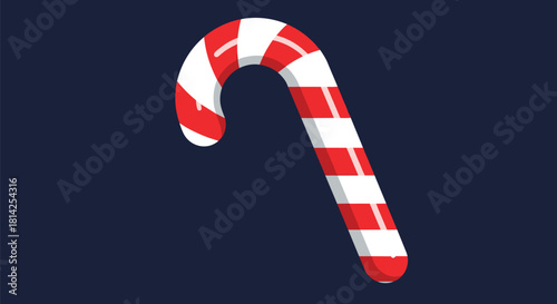 A classic red and white striped candy cane curves against a dark blue background.