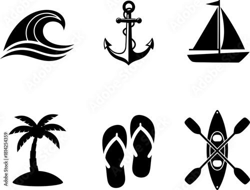 Tropical beach and nautical travel icons set, isolated vector Vector
