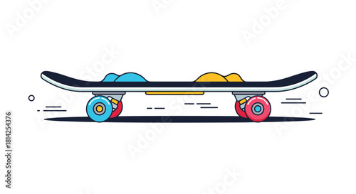 Stylized illustration of a skateboard in motion against a white background.
