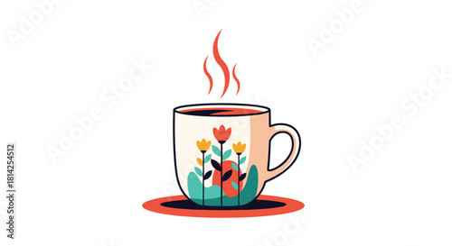 A stylized illustration of a mug with flowers and steam rising from it.