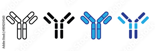 Immunology icon set showing antibody structure variations: outline, solid black, solid blue, and gradient blue, symbolizing medical research and immune response isolated on white background