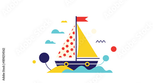 Stylized sailboat with a polka dot sail and yellow sail floating on blue waves with clouds.
