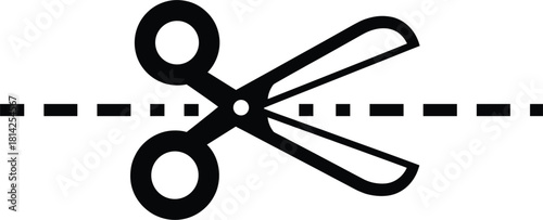 Scissors cutting dashed line black silhouette icon, vector symbol for coupon, discount, voucher, cutting instruction, paper craft, and hairdressing graphic
