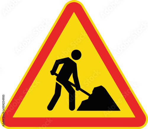 Road construction warning sign with worker shoveling material Vector