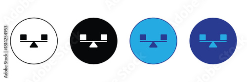 Set of four balanced scales icons in white, black, light blue, and dark blue, representing equilibrium and comparison concepts in a clean, simple design. isolated on white background