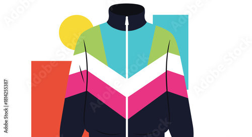 Retro windbreaker jacket with colorful geometric patterns and abstract shapes background.
