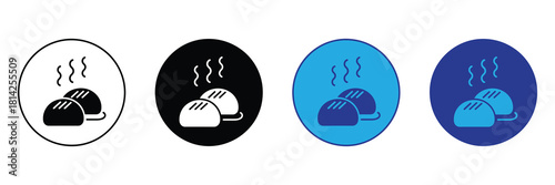 Set of steaming bread icons in circles: white on black, white on black, blue on blue, and light blue on dark blue, representing hot baked goods. isolated on white background