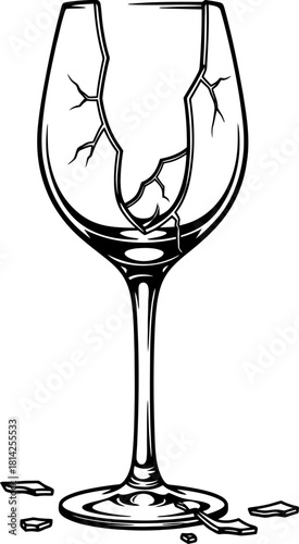 Shattered wine glass line art illustration with broken pieces Vector