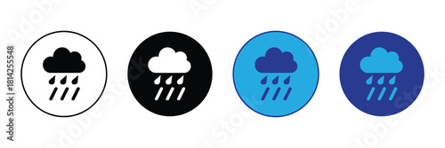 Set of four rain cloud icons in black, white, blue, and dark blue circles for weather forecast and meteorological applications isolated on white background