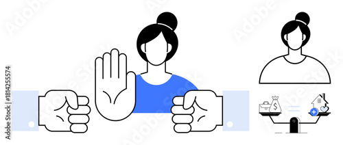 Conflict resolution. negotiation, problem-solving, and decision-making with hand gestures, woman icon, and balanced scale. Conflict resolution processes for business, mediation, teamwork justice