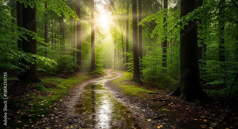 Fototapeta premium Sunlight shining through misty forest path