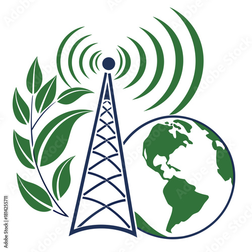 Global Communication Tower with Earth and Leaves Icon antenna globe