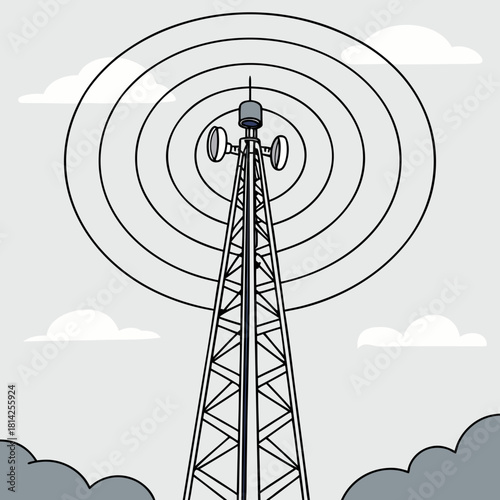 Communication tower with broadcast waves and clouds cell tower broadcast tower