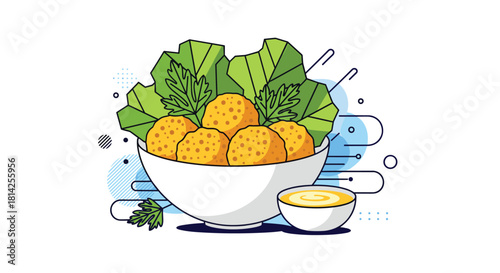 Illustration of falafel balls in a bowl with lettuce and dipping sauce.