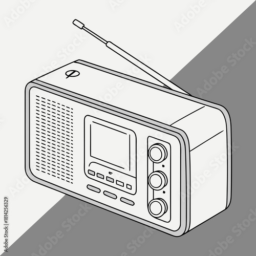 Modern portable radio with antenna and screen in line art illustration audio music