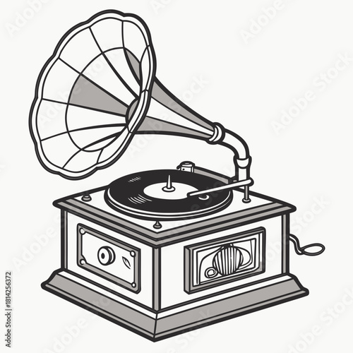 Antique gramophone with large horn and record player Keywords: gramophone, phonograph, record