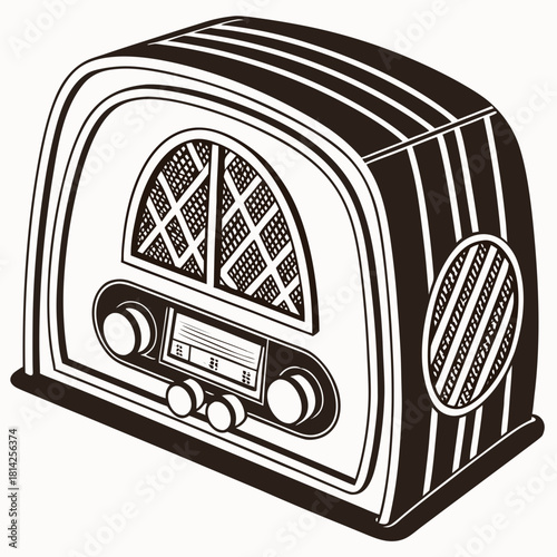 Vintage radio with knobs and speaker grille in black and white illustration retro