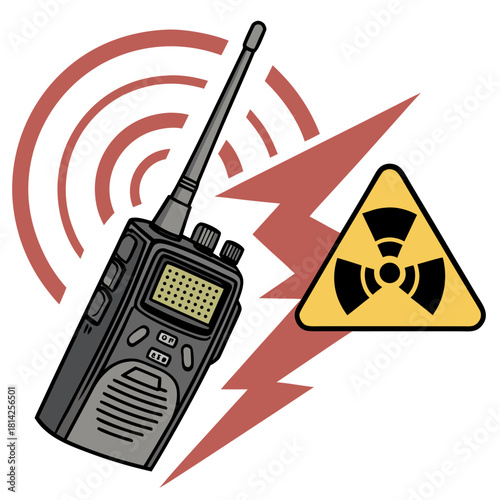 Walkie Talkie with Radiation Symbol and Radio Waves communication hazard